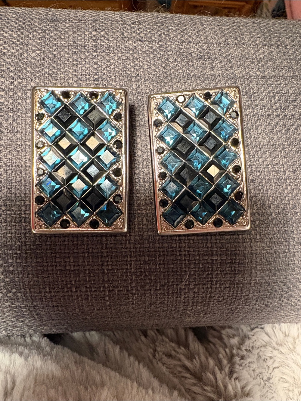 Whiting & Davis Blue and Black Crystal Rectangular Clip-On Earrings